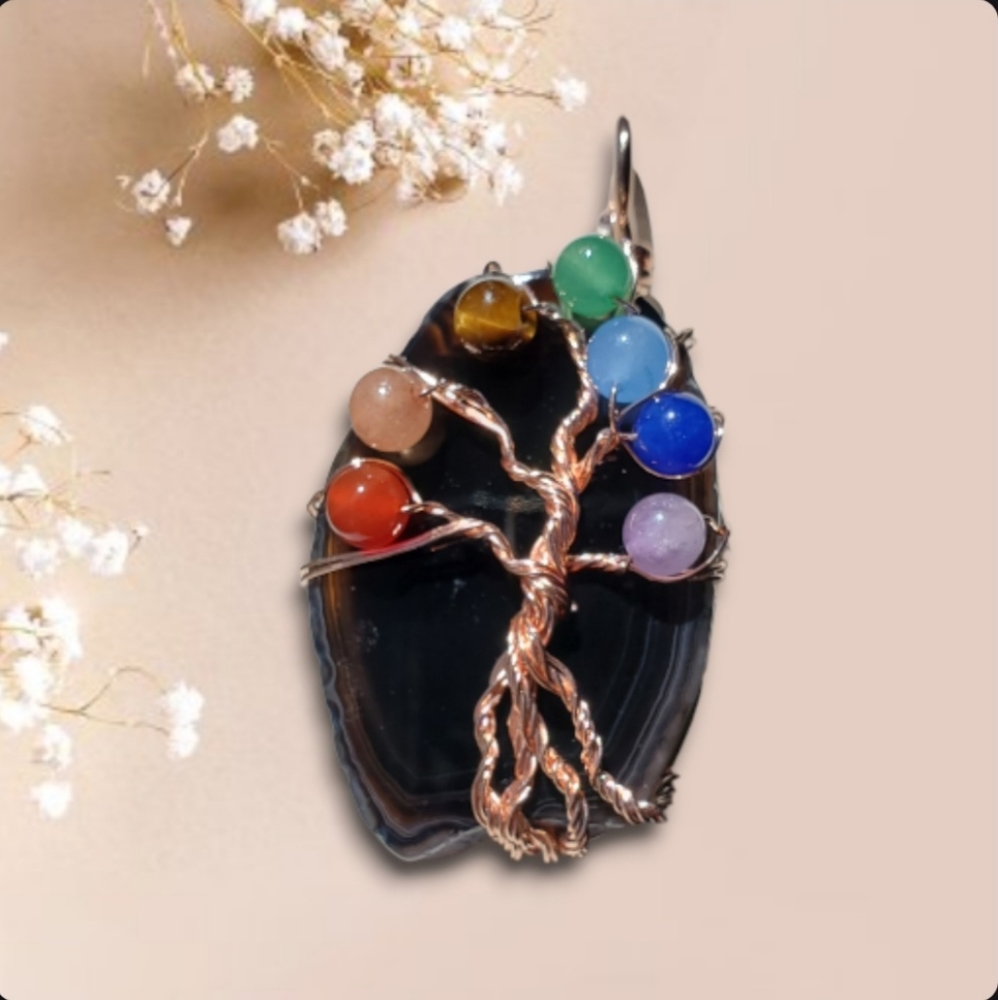 Tree of Life Wire Wrapped Black Onxy Pendant with Chakra Stones